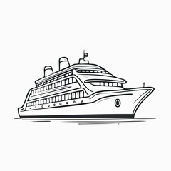 Obraz premium Detailed line art of a cruise ship on the water, side view.