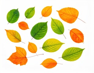 Collection of vibrant autumn leaves, varying in color from green to yellow and orange, scattered against a bright white background