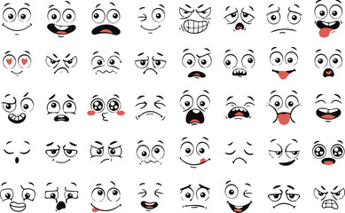 Funny cartoon emoji faces collection, expressive emotions set, cute character expressions, comic smiley icons, CAD drawing flat vector illustration