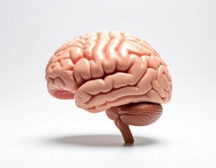 A sculpted brain, pink and brown, detailed with gyri and sulci, rests against a clean white backdrop in a well-lit, anatomical study