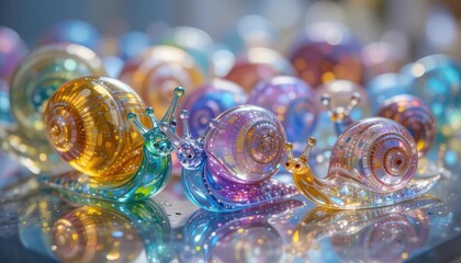 Prismatic Glass Snail Sculptures  Miniature glass snails with a rainbow like iridescent finish. PNG format with transparent backdrop.