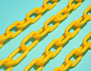Parallel lines of bright yellow plastic chain links diagonally cross a pastel blue background, illuminated by strong light casting sharp shadows