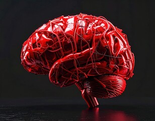 3D render of a glossy, vibrant red anatomical human brain with an intricate network of vessels, set against a stark dark backdrop