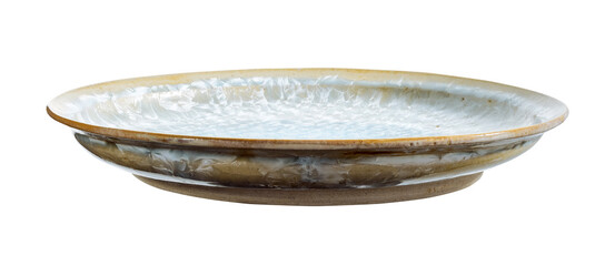 Shallow Ceramic Plate with White Crystal Glaze Texture, Side Angle View, Isolated on White Background with Clipping Path