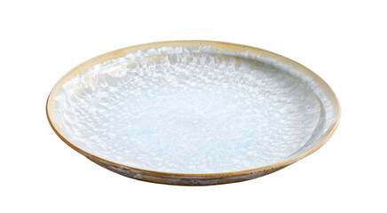 Shallow Ceramic Plate with White Crystal Glaze Texture, Side Angle View, Isolated on White Background with Clipping Path