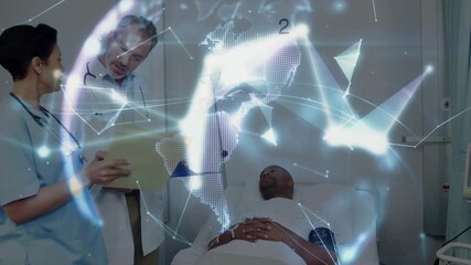 nurse entering health ward handing file to doctor consulting patient as holographic globe rotating - Powered by Adobe