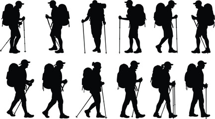 Hiking silhouette vector set, backpacker poses, trekking gear illustration, outdoor adventure icons, walking man with poles, camping, travel, nature