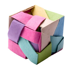 A colorful geometric origami cube, meticulously woven from paper strips. This handmade craft is isolated on a clean white background