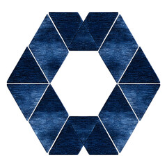 Deep blue geometric pattern with tessellated triangles forming a symmetrical abstract design, isolated on white with a central hexagonal void