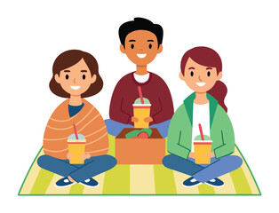 Friends enjoying a picnic with healthy smoothies and fresh produce outdoors