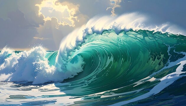 Powerful turquoise wave crashing in sunlight