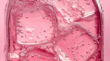 A close-up of a pink beverage with ice cubes and bubbles, showcasing a refreshing and fizzy drink.