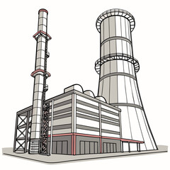 Illustration of a power plant featuring a tall chimney and a cooling tower, showcasing industrial architecture and energy production facilities