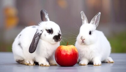Two adorable baby rabbits and a red apple