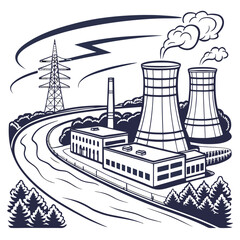 Vector art of monochrome illustration of a nuclear power plant with cooling towers, buildings, and a transmission tower, showcasing energy production and industrial infrastructure