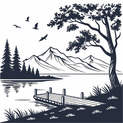 Fototapeta premium Vector art of a picturesque lake scene features a wooden pier, framed by trees and mountains, with birds soaring above, capturing the essence of natures beauty and tranquility