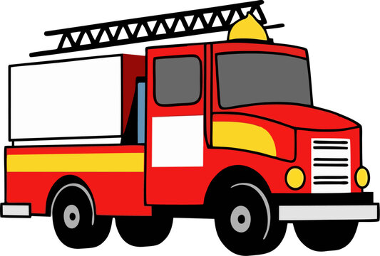 Minimalist Ladder Fire Truck Vector Illustration with Bold Outline &ndash; Modern Emergency Response Vehicle Side View for Commercial Stock Use