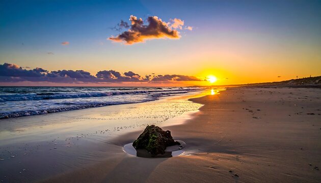 Golden sunset over a tranquil beach.  Ocean waves gently lap onto the shore, with a solitary rock at the water's edge.  Pastel colors of orange, pink, and blue paint the sky