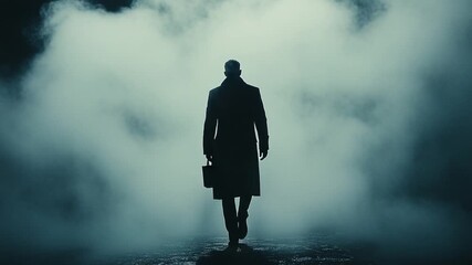 Lone Figure in a Trench Coat Walking into Mysterious Fog.