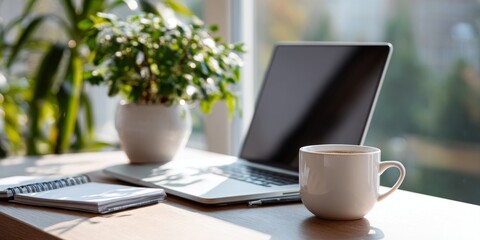 Cozy Workspace With Open Laptop, Notepad, Coffee Cup, and Green Plant in Natural Light for Creative Inspiration and Productivity