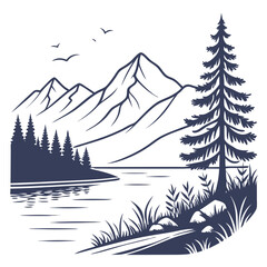 Vector art of monochrome vector illustration of a serene mountain landscape with a lake, evergreen trees, and birds flying above, creating a peaceful and natural scene