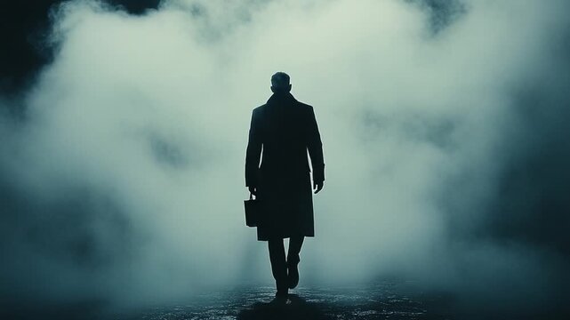Lone Figure in a Trench Coat Walking into Mysterious Fog.