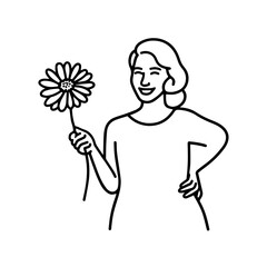 Black and white vector illustration of a beautiful woman holding a flower, minimal clean line art style
