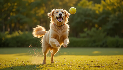 Golden retriever joyfully chases a tennis ball in a sunlit park, showcasing its playful energy and agility