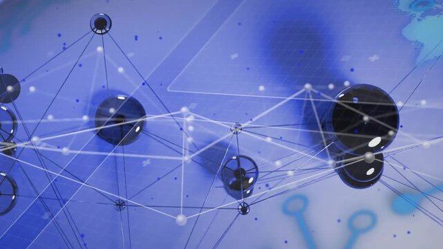 On start network panning, white lines linking spheres, nodes pulsing showing data connectivity