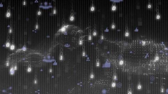 On start, binary digits raining and social icons clustering into morphing grid illustrating network