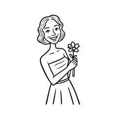 Black and white vector illustration of a beautiful woman holding a flower, minimal clean line art style
