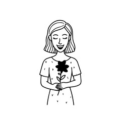 Black and white vector illustration of a beautiful woman holding a flower, minimal clean line art style
