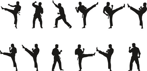 Martial arts silhouette vector set, karate poses, taekwondo kicks, fighter stances, self defense illustration, training, combat, discipline, sport