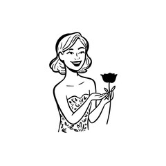 Black and white vector illustration of a beautiful woman holding a flower, minimal clean line art style
