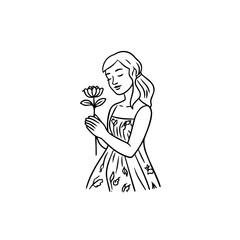 Black and white vector illustration of a beautiful woman holding a flower, minimal clean line art style
