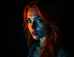 Obraz premium Terrified Expression of a Woman with Auburn Hair and Bright Eyes