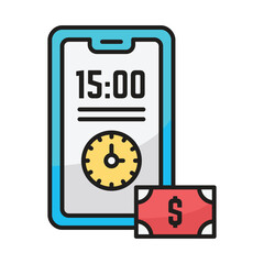 Phone displaying 1500 clock and a dollar bill