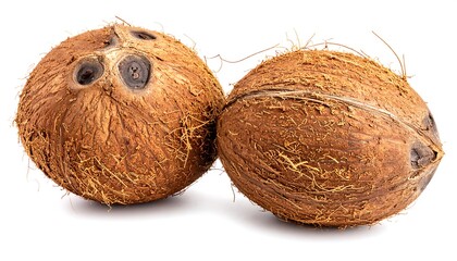 Two whole coconuts side-by-side,  with brown, fibrous husks.  Natural, close-up view, isolated on white