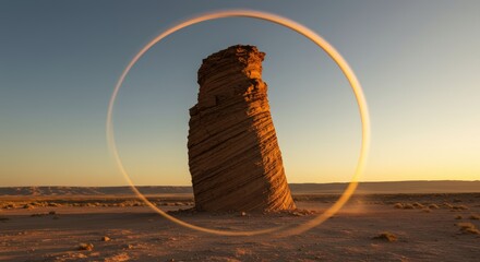 Tall sandstone rock formation with light halo