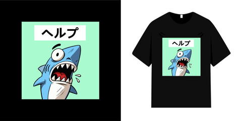 T-shirt design featuring a cartoon shark. A symbol of the king of the sea. A Japanese-style typographic slogan. Vector illustration for apparel, t-shirts, sweatshirts, posters, and more.