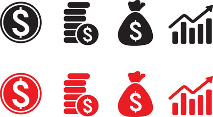 dollar, money, finance, coin, bag, graph, chart, icon, symbol, growth, increase, decrease, business, economy, currency, payment, investment, savings, wealth, black, red, white background, isolated, se
