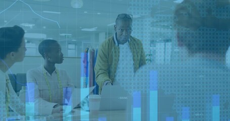 Male presenter initiating business meeting on laptop generating animated charts for data review - Powered by Adobe