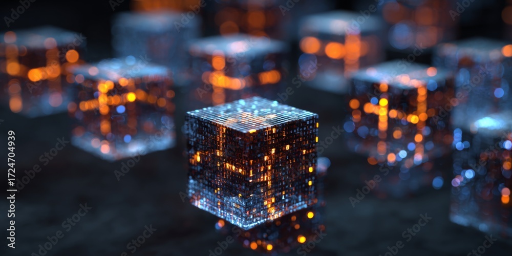 Wall mural futuristic digital cubes with binary code and neural network connections on a dark background