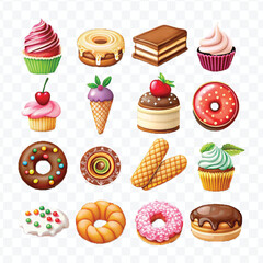 realistic 3d delicious food icons set isolated on transparent background