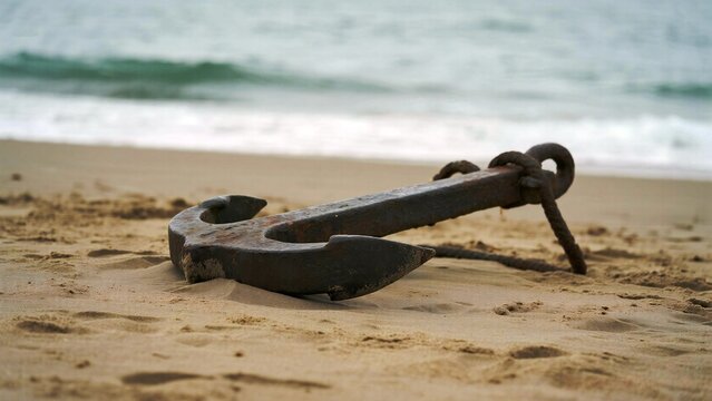 Weathered maritime anchor resting on sandy beach with gentle ocean waves in background evoking feelings of stability and adventure