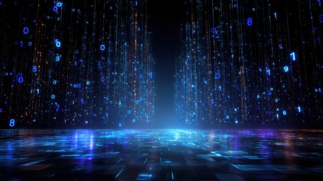 A vibrant digital landscape with flowing data streams and illuminated binary code, representing advanced technology.