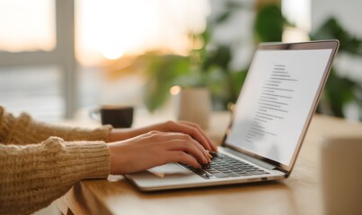 Professional marketing specialist typing an email on laptop, email template on screen with subject line and preview text,