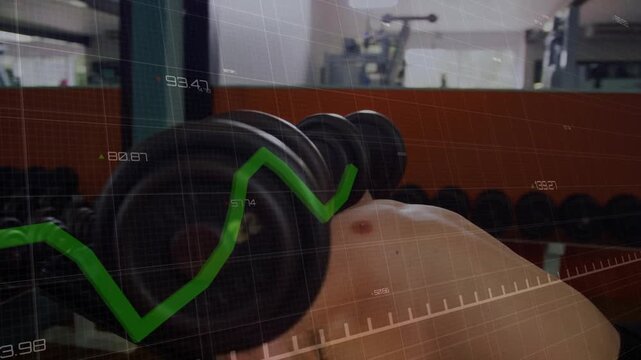 Shirtless weightlifter reaching for dumbbells then bench-pressing with graph tracking fitness data