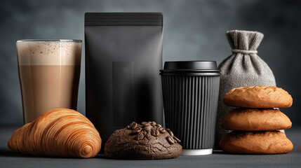Office worker breakfast set: milk, tea, coffee, bread, croissants and cookies