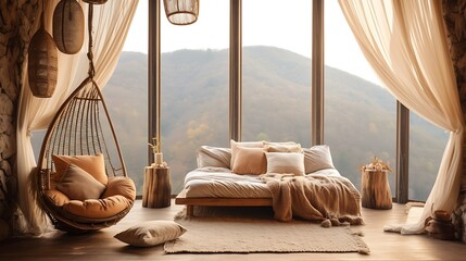 A bohemian room with a low bed and a hanging wicker lamp, soft peach light filling the room, misty mountain backdrop through the open window, creating a dreamy vibe. 